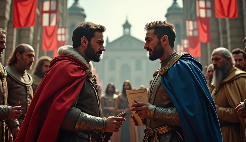 Create a dramatic scene depicting the ideological confrontation between the leaders of two medieval nations. In the center, two prominent figures—one representing England and the other France—stand facing each other with intense expressions. Each leader holds documents or scrolls symbolizing their claims and ideologies. Surrounding them, their advisors and nobles engage in animated discussions or debates. The background should feature a historic setting, such as a grand hall or an outdoor venue with banners and flags of both nations. The atmosphere is tense, with detailed period-accurate attire and expressions that convey the gravity of their conflicting interests, underscoring the deep-rooted ideological and political struggle of the era., Surrealism, Hyperrealism, UHD, retina, masterpiece, accurate, anatomically correct, textured skin, super detail, high quality, 16k