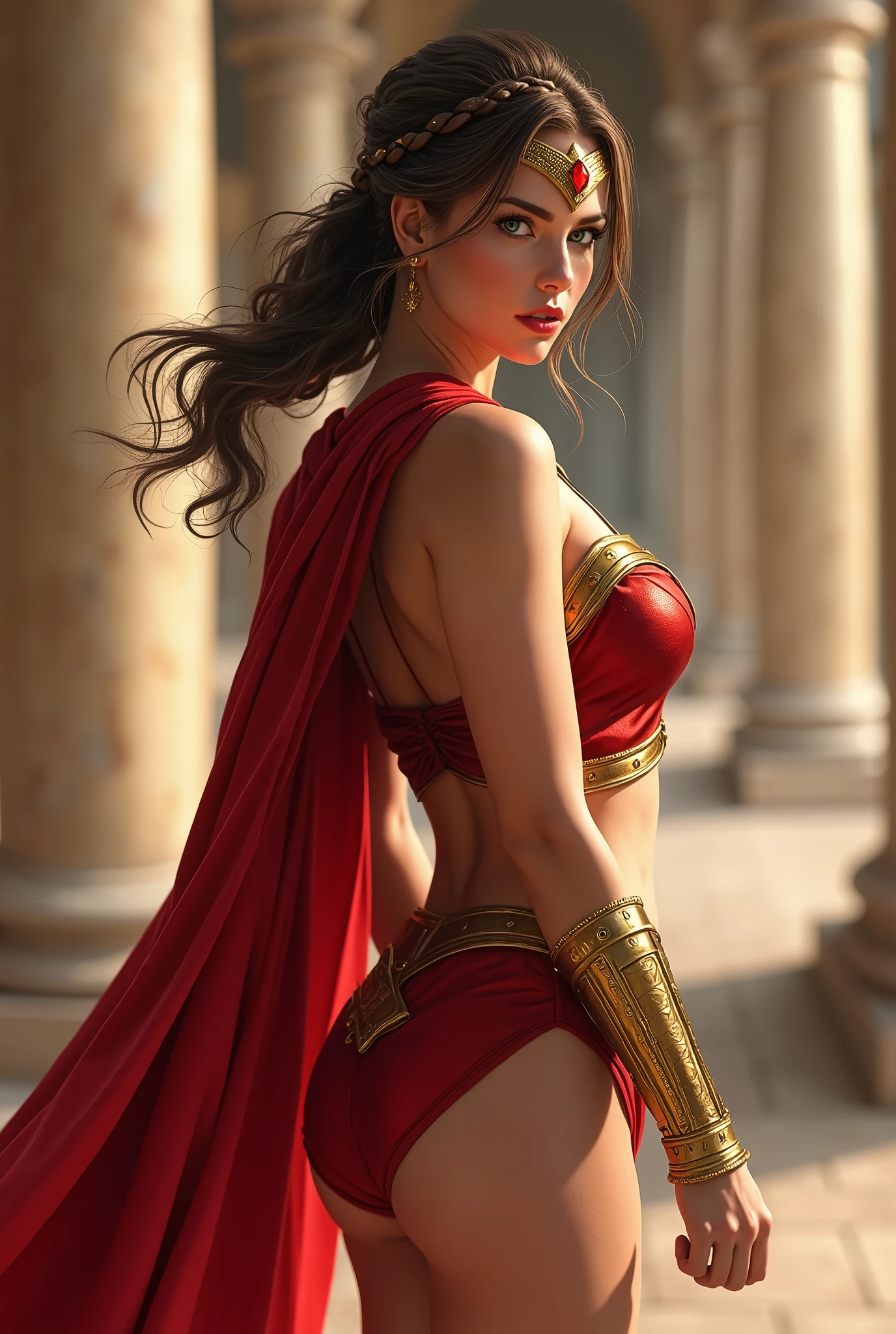 (best quality,4k,8k,highres,masterpiece:1.2),ultra-detailed,(realistic,photorealistic,photo-realistic:1.37),,superhero,sexy ,( beautiful female superheroine, brown hair ,braided ponytail , red sleeveless crop shirt, with a golden Star, midriff wears (a golden tiara with a red gem on forehead) , golden bracelets, long red boots, and small red shorts) (Venus Star) (tiara) (green eyes) UHD (seductive look) (busty and fit) (ancient Roman style)