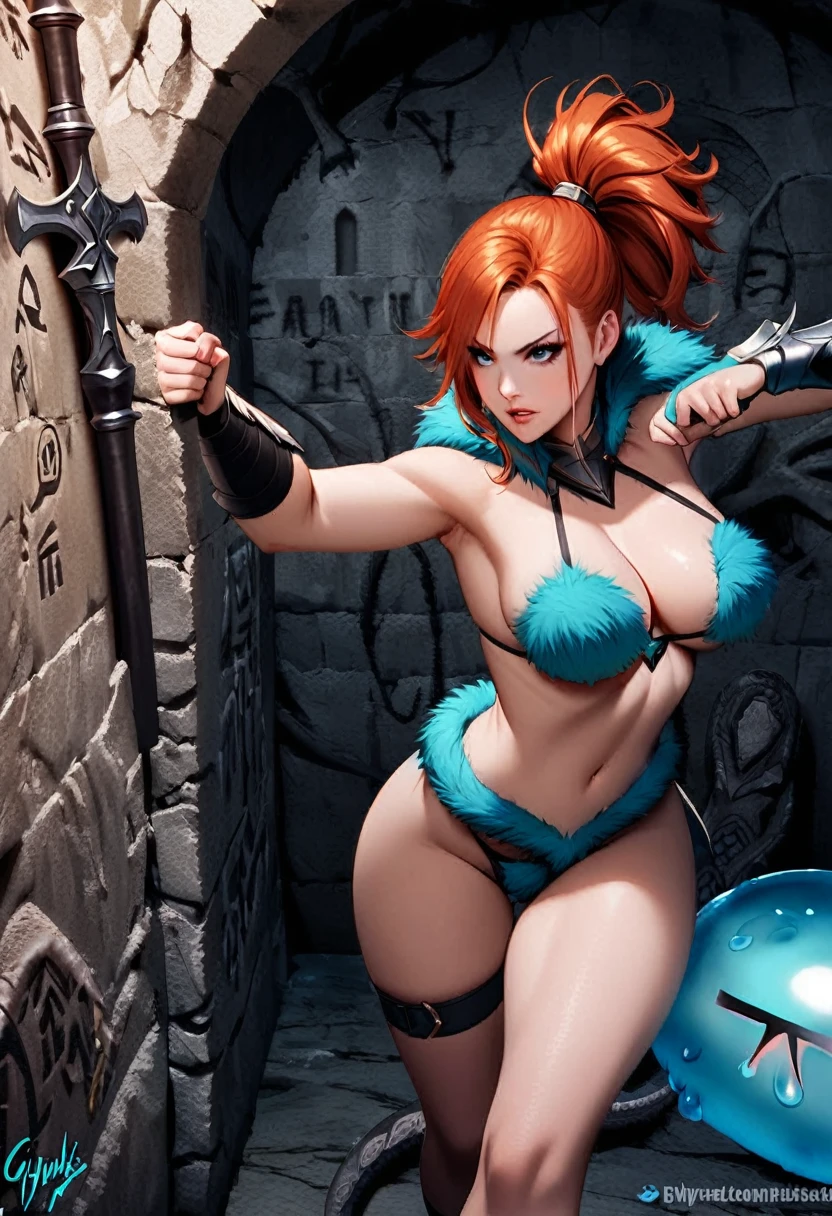 Christina Rene Hendricks (Fantasy warrior, sexy fur bikini, hair up in ponytail, battle axe) in a sexy fighting pose. She is in an ancient crypt, glyphs and slime on walls, confronted by tentacles
