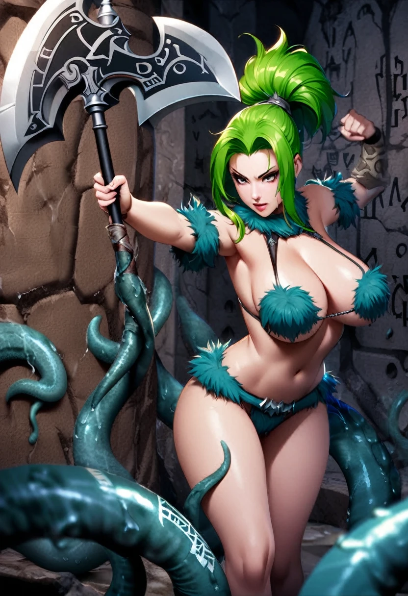 Christina Rene Hendricks (Fantasy warrior, sexy fur bikini, hair up in ponytail, battle axe) in a sexy fighting pose. She is in an ancient crypt, glyphs and slime on walls, confronted by tentacles
