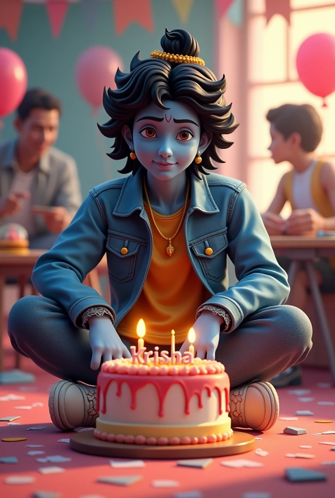 3d illustration of lORD KRISHNA
sitting casually on front of a cake the character must wear casual moder moder clothing such as jeans jacket and snekers shoes the back ground of the image is party theme .write ' KRISHNA' on the birthday cake .make sure the text is not misspelleed.her age