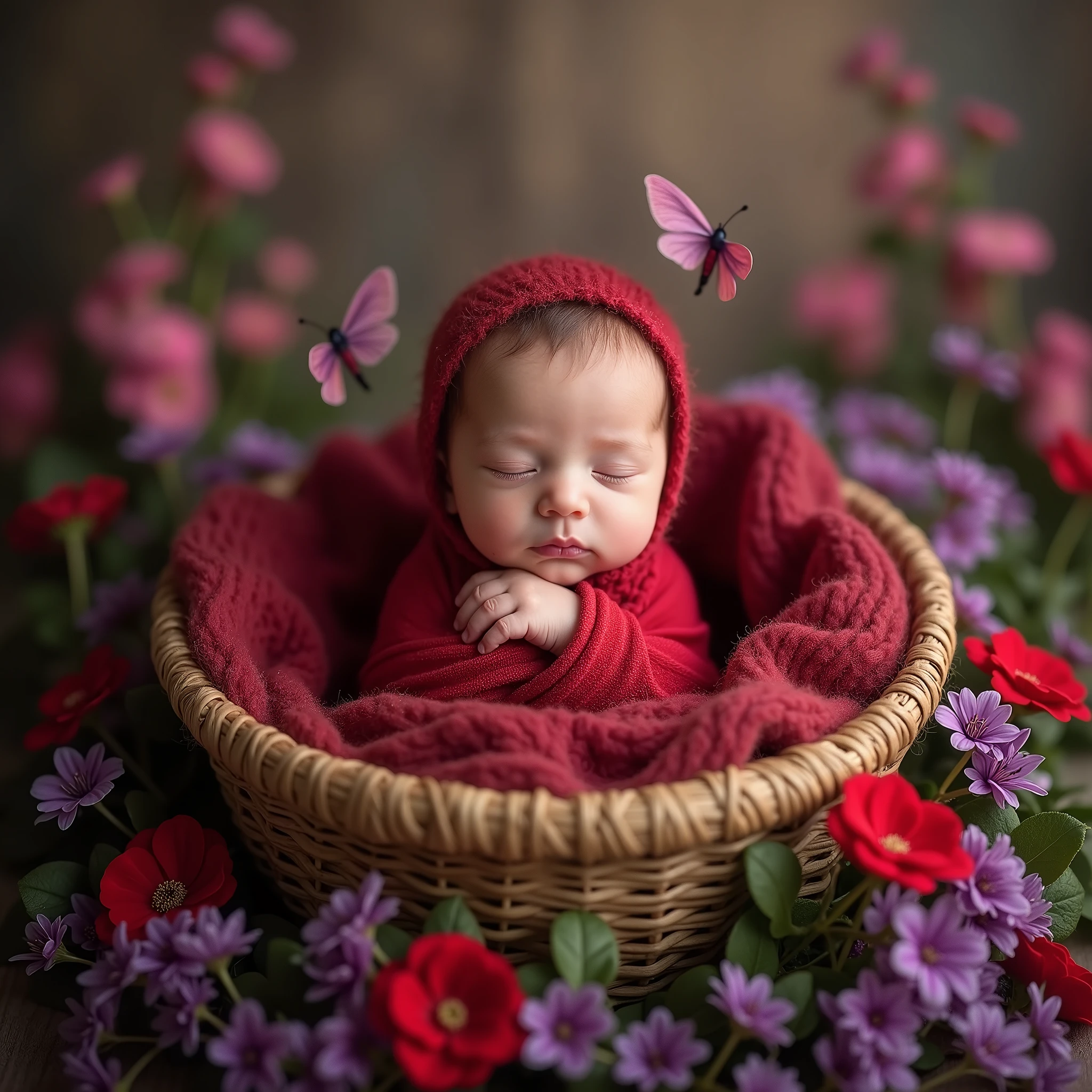 red blanket on a baby in a shape basket with red flowers, butterfly fling around the baby wrapped in flowers, violet colored theme, red themed, inspired by Anne Geddes, violet theme, draped in purple, bed of flowers on floor, maternal photography 4 k, lovely and cute, girl in a bed of flowers, cute photo, purple and pink, beautiful cute, covered with flowers