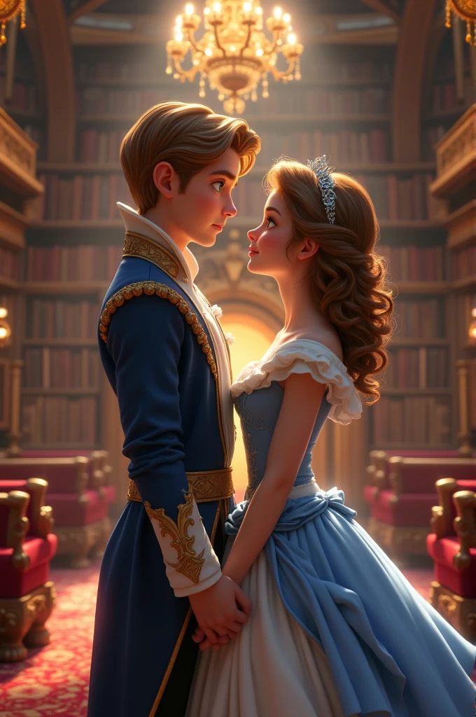 A nice and big library, like beauty and the beast, with a 2 prince with short brown blonde hair, Without beard, with white complexion, Deep and bright blue eyes, and high, and a short girl in a white and blue dress as if it were Cinderella's dress, She has medium long curly hair, and light brown eyes. Looking into each other's eyes and holding hands