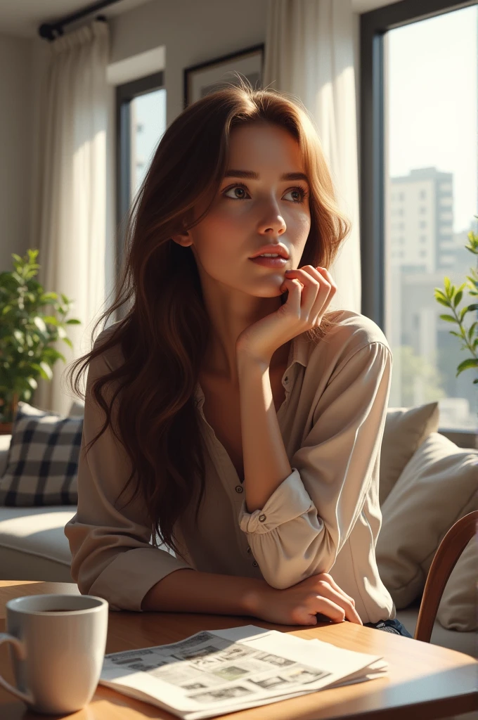 ((Best Quality)), ((masterpiece)), (detailed) long brown hair side parting, Brown eyes, buying an apartment