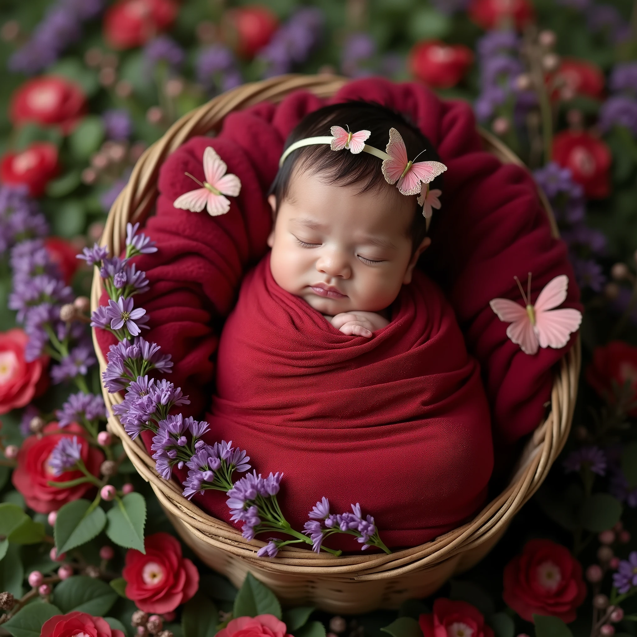 red blanket on a baby in a shape basket with red flowers, butterfly fling around the baby wrapped in flowers, violet colored theme, red themed, inspired by Anne Geddes, violet theme, draped in purple, bed of flowers on floor, maternal photography 4 k, lovely and cute, girl in a bed of flowers, cute photo, purple and pink, beautiful cute, covered with flowers