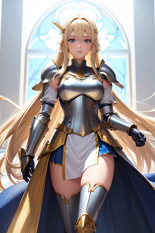 A full-length portrait of a young woman in anime style.., with long, light blonde hair, framed by a white mantle adorned with gold details. He has deep blue eyes and wears blue armor with a gorget.., shoulder pads, before, breastplate, Back plate, elbows, forearms, gauntlets, failures, thighs, poleyn&#39;s, greaves and booties, with intricate scarps of leaves and flowers., and pieces of gold metal covering their shoulders and arms.. A dark brown leather belt with metal buckles secures his armor to his waist..... He wears brown leather boots., Standing in a dynamic action pose. A cross-shaped pendant adorns his chest... The background features a blue sky with fluffy clouds.., Highlighting its majestic and noble appearance., visible from head to toe.