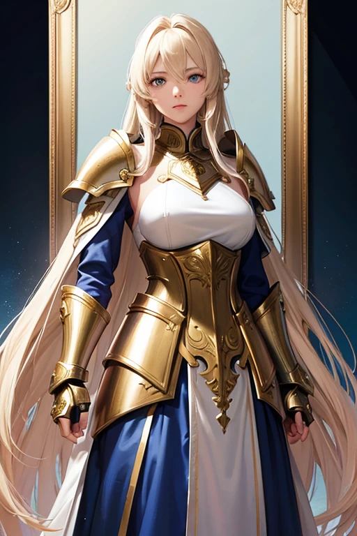 A full-length portrait of a young woman in anime style.., with long, light blonde hair, framed by a white mantle adorned with gold details. He has deep blue eyes and wears blue armor with a gorget.., shoulder pads, before, breastplate, Back plate, elbows, forearms, gauntlets, failures, thighs, poleyn&#39;s, greaves and booties, with intricate scarps of leaves and flowers., and pieces of gold metal covering their shoulders and arms.. A dark brown leather belt with metal buckles secures his armor to his waist..... He wears brown leather boots., Standing in a dynamic action pose. A cross-shaped pendant adorns his chest... The background features a blue sky with fluffy clouds.., Highlighting its majestic and noble appearance., visible from head to toe.