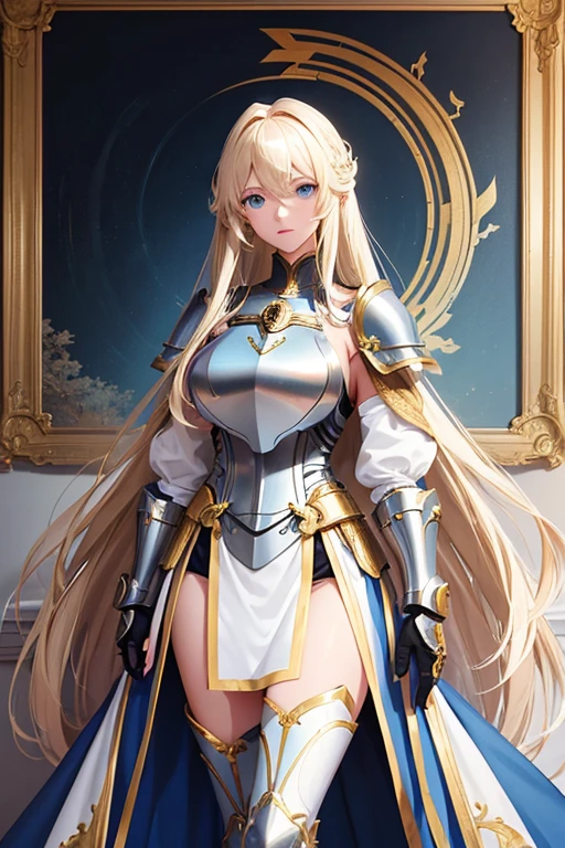 A full-length portrait of a young woman in anime style.., with long, light blonde hair, framed by a white mantle adorned with gold details. He has deep blue eyes and wears blue armor with a gorget.., shoulder pads, before, breastplate, Back plate, elbows, forearms, gauntlets, failures, thighs, poleyn&#39;s, greaves and booties, with intricate scarps of leaves and flowers., and pieces of gold metal covering their shoulders and arms.. A dark brown leather belt with metal buckles secures his armor to his waist..... He wears brown leather boots., Standing in a dynamic action pose. A cross-shaped pendant adorns his chest... The background features a blue sky with fluffy clouds.., Highlighting its majestic and noble appearance., visible from head to toe.