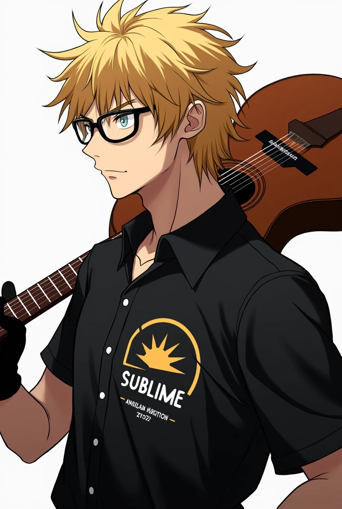A man with gloves and a black shirt and a logo of a sun that says sublime and medium-length, short, big blonde hair and black glasses and a brown guitar on his back and anime
