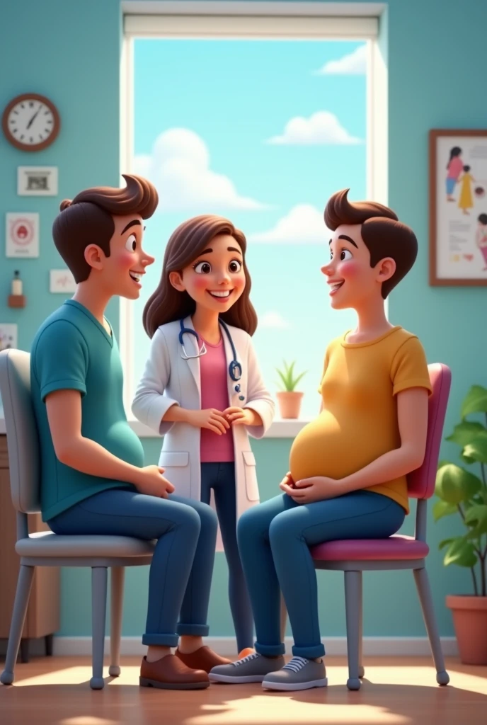 A couple talking to an animated obstetrician