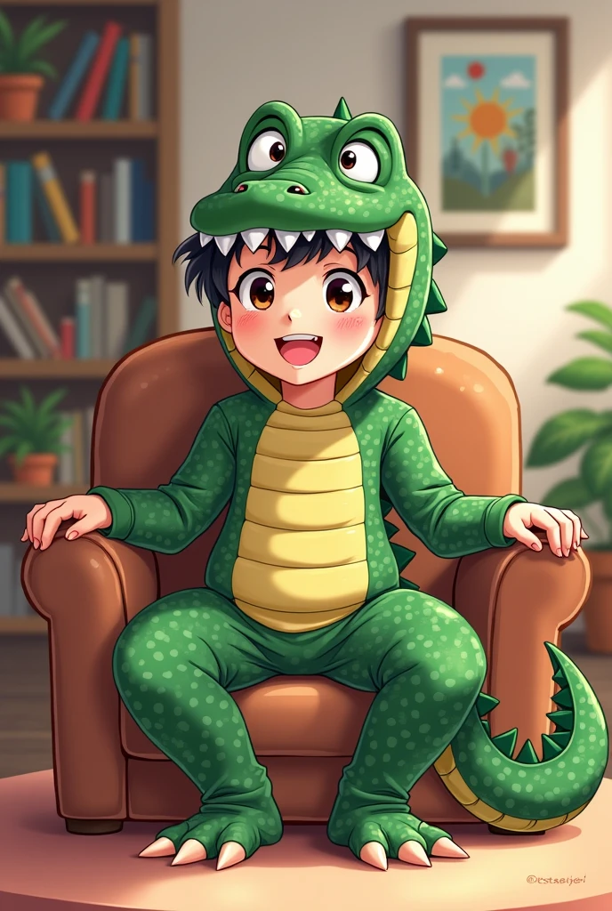 Draw an boy dressed as a crocodile sitting in his living room, amine style