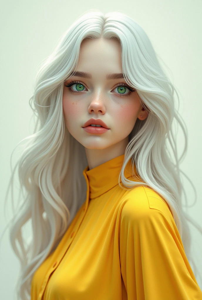 3d, Very long white hair, greeneyes, and a yellow blouse