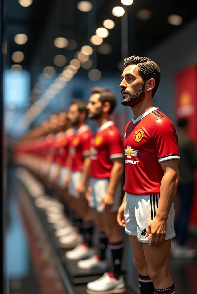 Models are displayed for sale in glass cases of various Manchester United football players.