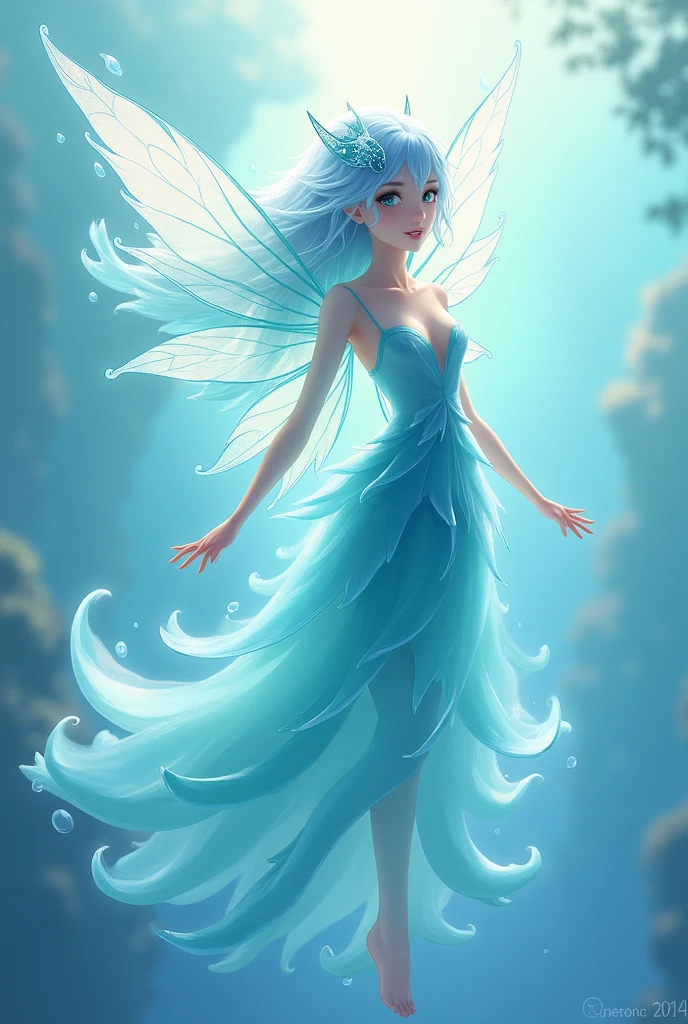 5. **Luiza (Liquid Form Fairy)**
- **tenue**: A flowing dress in shades of blue and aqua green, that seems to move as if it were made of water. Its wings are translucent and undulating.
- **Appearance**: Light blue or aquamarine hair and eyes that reflect the color of the ocean. She may have accessories that look like water drops.
