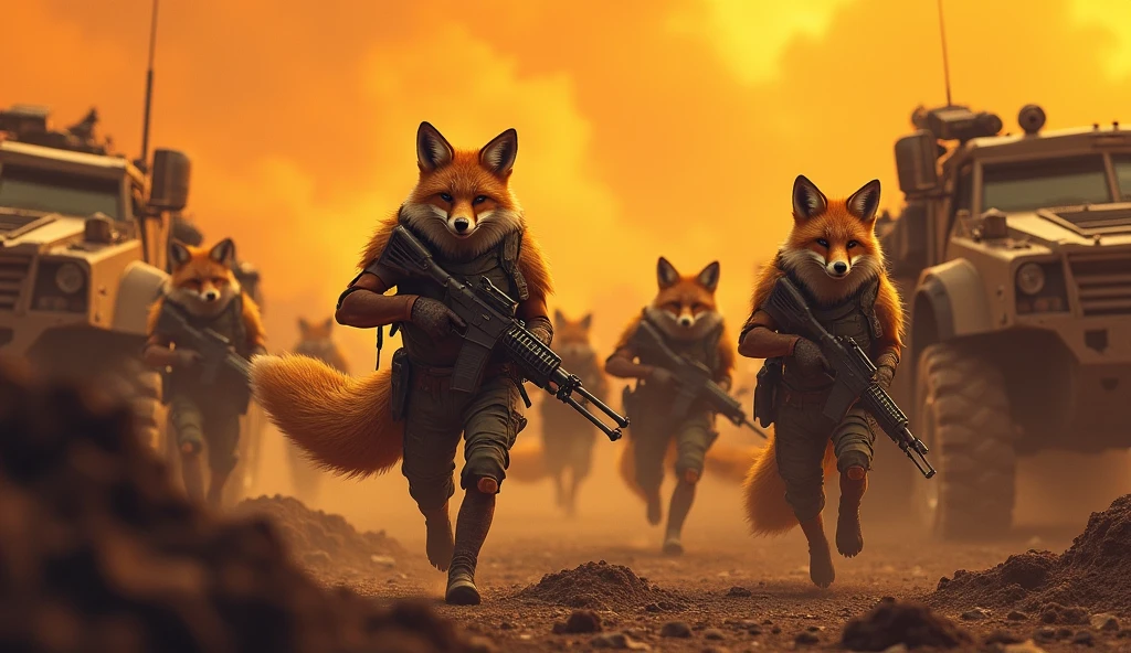 Lots and lots of foxes with guns. On a dark orange background with armored vehicles of the apocalypse, in crossout style. High realism