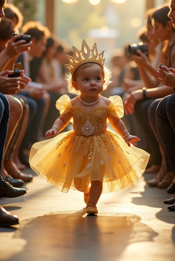 14k, full body, A walking human  baby. She is wearing a princess dress, a glittering headdress, a long dress, and accessories. An audience is taking photos and clapping.., bright fashion showroom, seated audience, diagonal shot --v 6.1 )