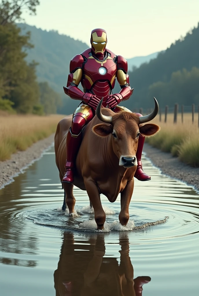 Iron man is sitting on cow IN Water road  
