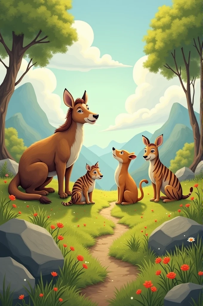 a fable. Animals talking in a large landscape 
