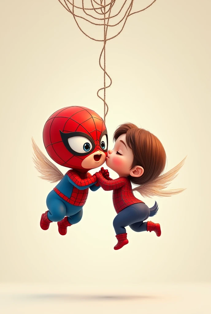 Spiderman man baby hanging from a spider web head and winged spiderman woman baby giving him a kiss on his cheek all animated that is a drawing