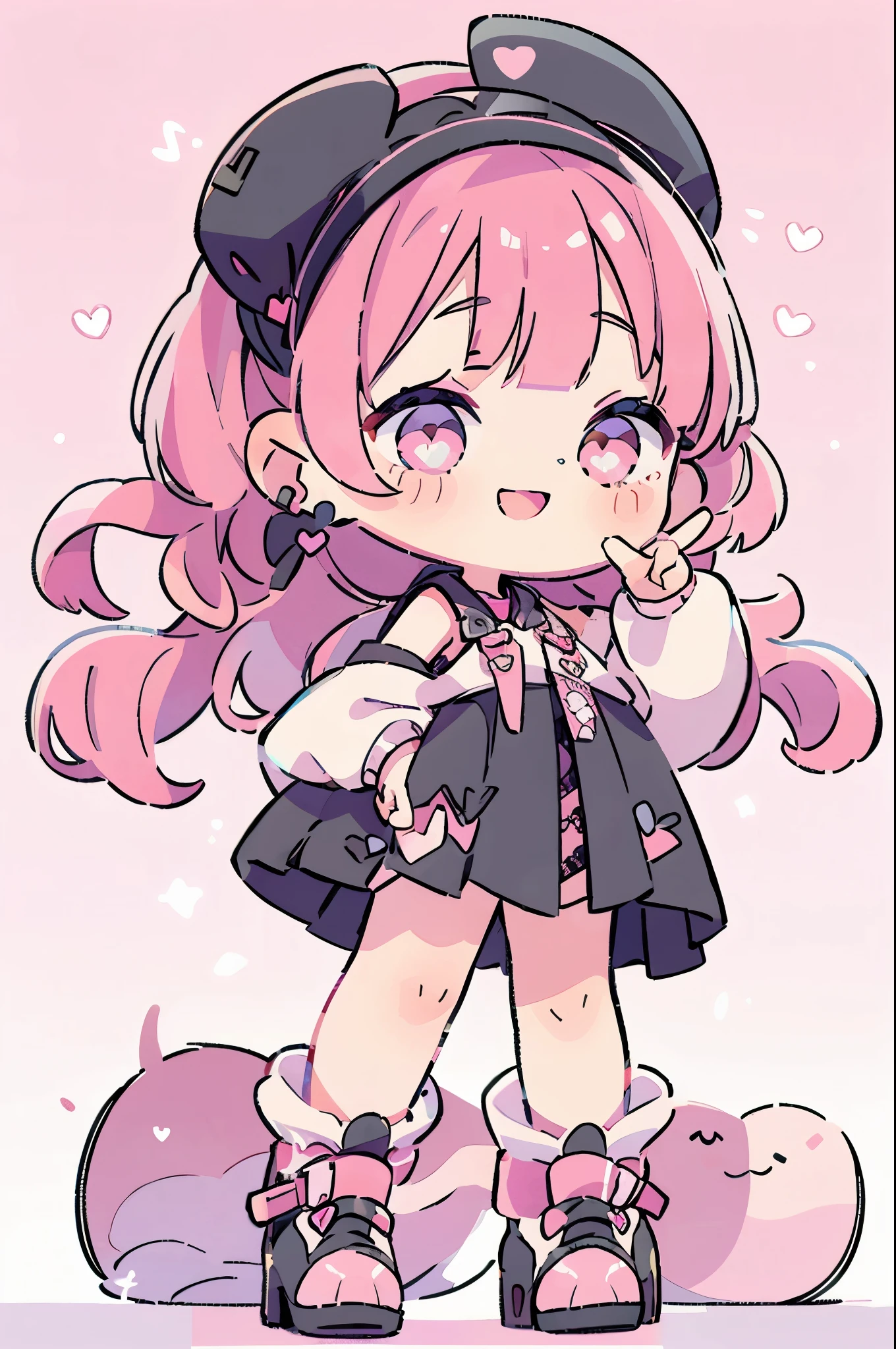 ((from front)),
((chibi)),
((peace sign)),
high resolution,smile,woman,woman1人,adult,cute,
blunt bangs,pink hair,wavy hair,long hair,BREAK,
Red eyes,Sparkling Eyes,BREAK,
((Landmine fashion)),
Black off-shoulder top,BREAK,Pink checkered pleated skirt,BREAK,Black high heels,
Ribbon headband,BREAK,Heart Earrings,BREAK,Lace choker,BREAK,
Pink hearts on a white background,