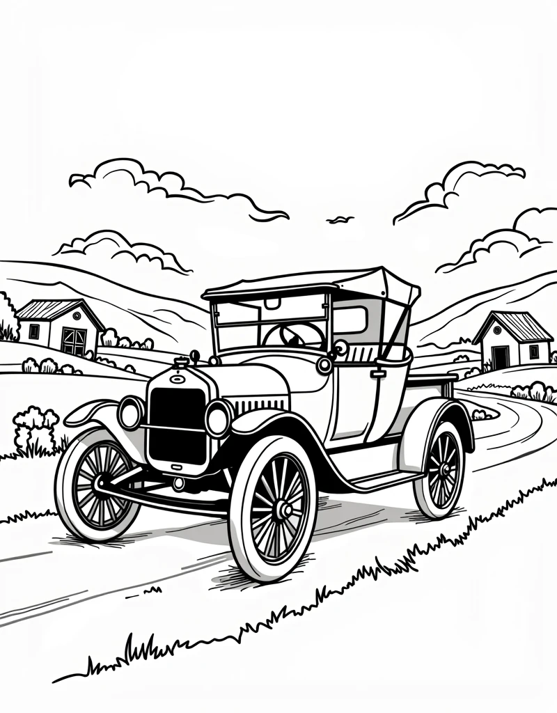 Imagine a Ford Model T car.
Country of Origin: United States
Brand: Ford
Model: Model T
Year of Creation: 1908, with a landscape in the background and some structures according to its time, coloring book page, black and white style