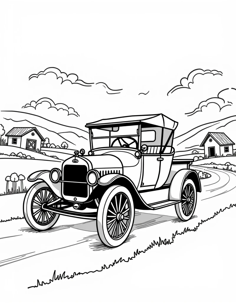 Imagine a Ford Model T car.
Country of Origin: United States
Brand: Ford
Model: Model T
Year of Creation: 1908, with a landscape in the background and some structures according to its time, coloring book page, black and white style