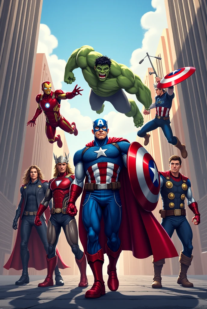 The Avengers, dynamic poses, streets background, cartoon style art style, 8k, bokeh, very detailed, very accurate representation of The Avengers