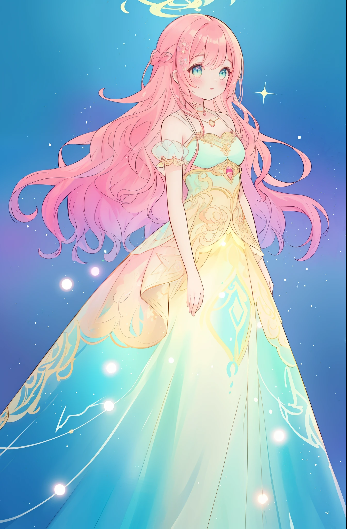 beautiful girl in a flowing puffy layered gradient ballgown, vibrant pastel colors, (colorful), glowing lights, red pink long wavy hair, Glen Keane, Lois van Baarle, jen bartel, glowing hair, fantasia background, whimsical, beautiful face, ((masterpiece, best quality)), intricate details, highly detailed, sharp focus, sparkling detailed eyes, liquid watercolor