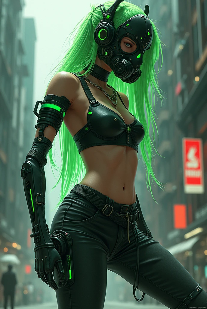 (masterpiece, best quality, photorealistic, ultra-detailed), a woman wearing a ram hood, perfect body, big breasts, wide hips, in the style of daniel hagan, edgy caricatures, desertwave, big gorgeous eyes, luscious full lips, parted lips, dark hair with neon tips , pencilsteampunk