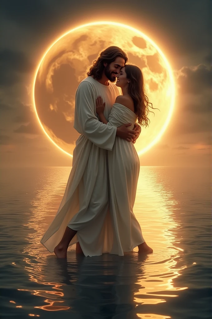 To create this image, Here is a detailed description to help you or to provide to an artist:
1. **bottom**:
- A night sky with a solar eclipse: the moon partially covering the sun, with a soft, golden light.
- The calm sea under the eclipse, reflecting the brightness of the sky.
2. **Jesus**:
- Walking on the waters of the sea with an expression of happiness and peace.
- Dressed in a white robe, with a halo of light around his head.
- Showing a loving and serene attitude.
3. **Girl**:
- Slim, with light brown hair and white skin.
- En los brazos de Jesus, embraced tenderly and safely.
- Dressed in simple clothes, perhaps a light tunic that fits the context of the scene.
4. **Additional Details**:
- La luz del eclipse rodeando a Jesus y a la chica con un brillo cálido y sagrado.
- Soft reflections in the water to intensify the atmosphere of calm and divinity.
This description should help you visualize or commission an image that captures the message of love and peace you wish to convey..