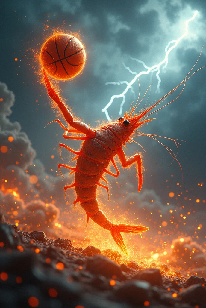 Shrimp wrapped in flames and thunder shooting a basketball 
