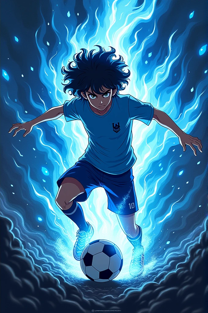 Make a blue lock style art with the blue lock and anime strokes of a curly haired guy with a skull aura behind him full of aura and demons behind him while dominating a ball
