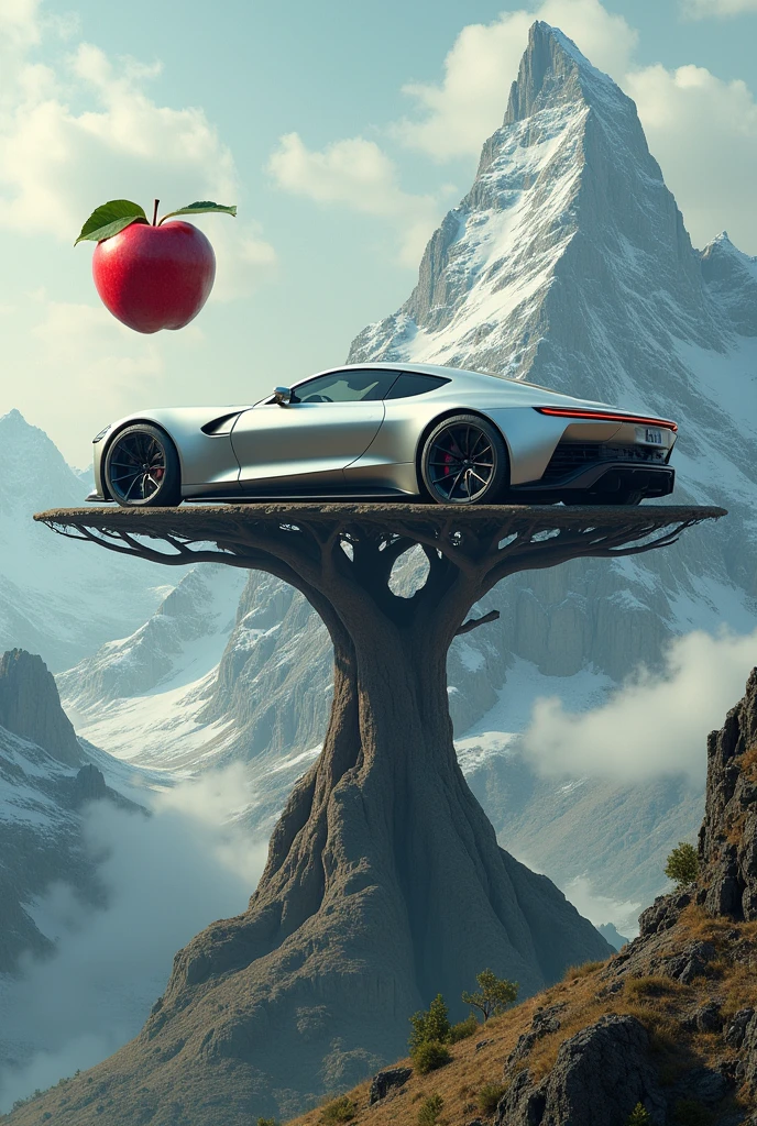 Create a car on tree in mountain with big apple