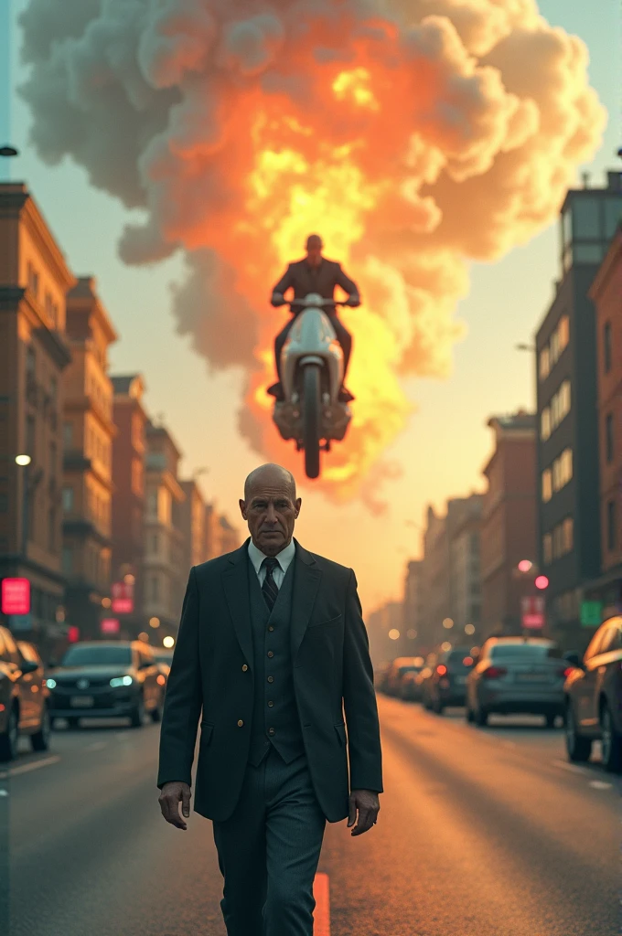 Real video of a bald man walking down the street and then riding a jet ski that turns into a bicycle, going up into the clouds on fire.