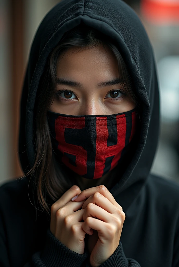 A girl Lisha holded money heist mask and cover shis left side face