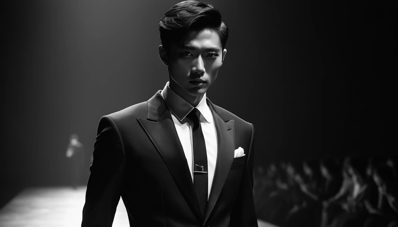 black and white, (Best quality,4K,high resolution,masterpiece:1.2),Super Fine,(lifelike,Photoreal,Photoreal:1.37),Dark silhouette,Male host,Back,主持人站立在Runway中央,Runway,Black and white,Runway下的白色餐桌,Elegant posture,Deep eyes,Contoured facial features,Tall figure,Black suit,Auditorium,Dim background,Clear shadow,Stage lighting effects,令人惊叹的超现实主义masterpiece.