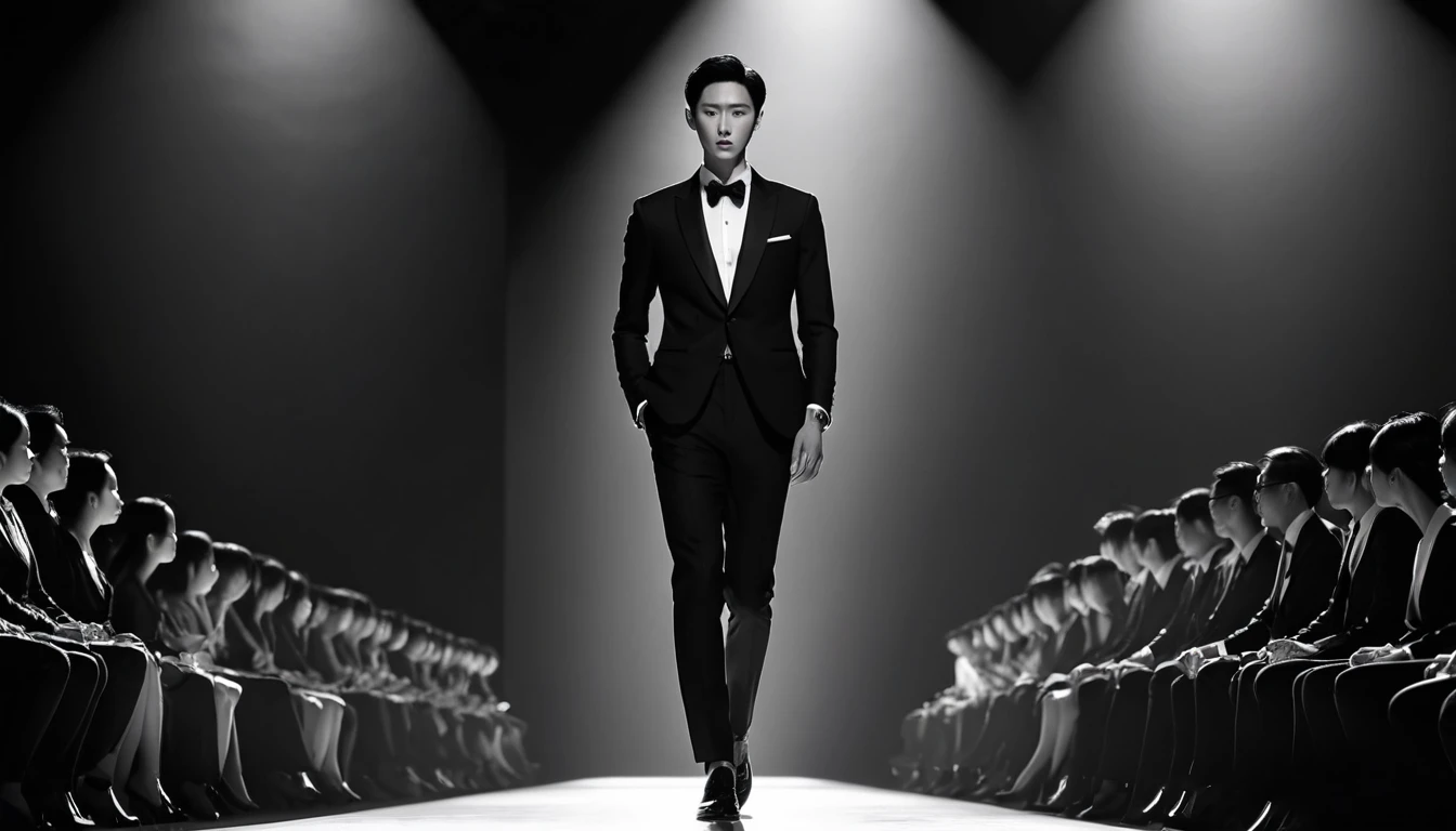 black and white, (Best quality,4K,high resolution,masterpiece:1.uper Fine,(lifelike,Photoreal,Photoreal:1.37),Dark silhouette,Male host,Back,主持人站立在Runway中央,Runway,Black and white,Runway下的白色餐桌,Elegant posture,Deep eyes,Contoured facial features,Tall figure,Black suit,Auditorium,Dim background,Clear shadow,Stage lighting effects,令人惊叹的超现实主义masterpiece.