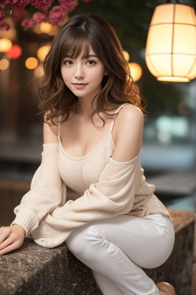 Highest quality,masterpiece,Ultra-high resolution,RAW Photos,One Girl,Loose perm hair、length、Brown Hair、Arms crossed、Japanese、Loose perm hair、length、Brown Hair、smile、Arms crossed、Professional photography、Same skin type as humans、A woman dressed in Japanese clothing from head to toe、Blur the background、Anatomical accuracy、Very detailed and beautiful、Ultra HD、length、Her hair is flowing and sexy、Very detailed and beautiful、Shoulder-length hair、(I like tight knits、Accentuated breasts)都会のNight view、Night view、White pants style