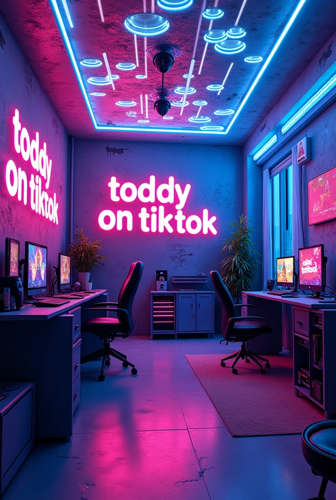 a purple game room, with blue LEDs on the ceiling, a large graffiti text written toddy 200k on tiktok