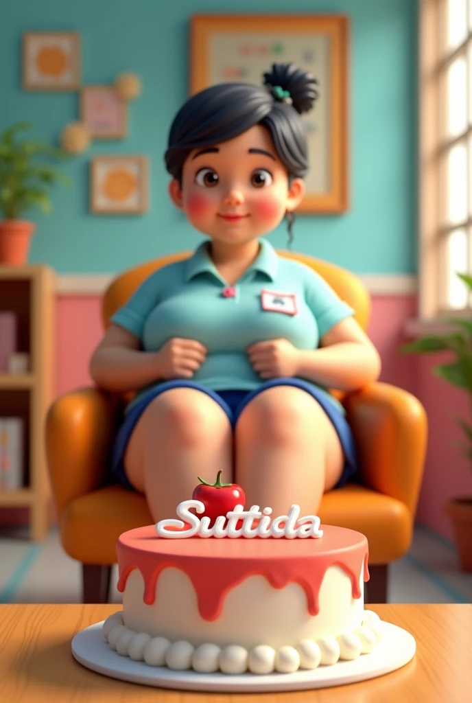 3D illustration of a fat Thai girl as a physical education teacher sitting comfortably in front of a cake. The character must be wearing a physical education teacher's outfit. The background of the image is the main theme. Write 'SUTTIDA' on the bartender cake. Make sure the text is not misspelled. His age is 30 years old.