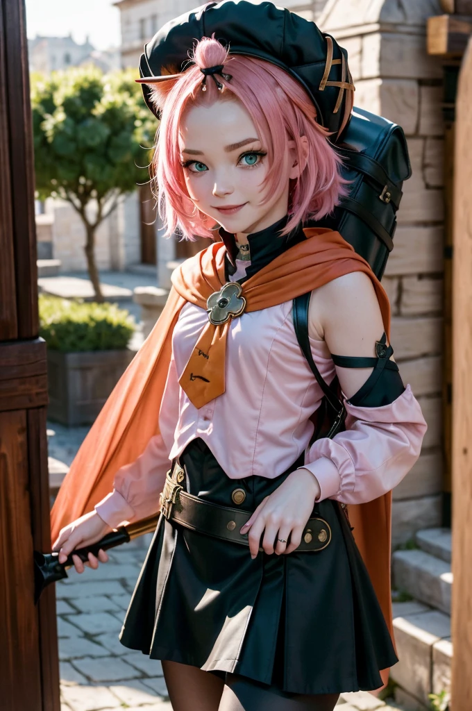 masterpiece, best quality,fortress background, cinematic lighting , looking at a viewer, smile,  pink hair, hat, cat ears, cat tail, green eyes, diona \(genshin impact\), dionadef, Full body, smile, walking, in the medieval city, 1girl, Black dress, corset, belt, black skirt, cloak, red cape, red hood, Green eyes, pink hair, pantyhose, ((Honding a red dagger, carrying a small fridge on your back)).