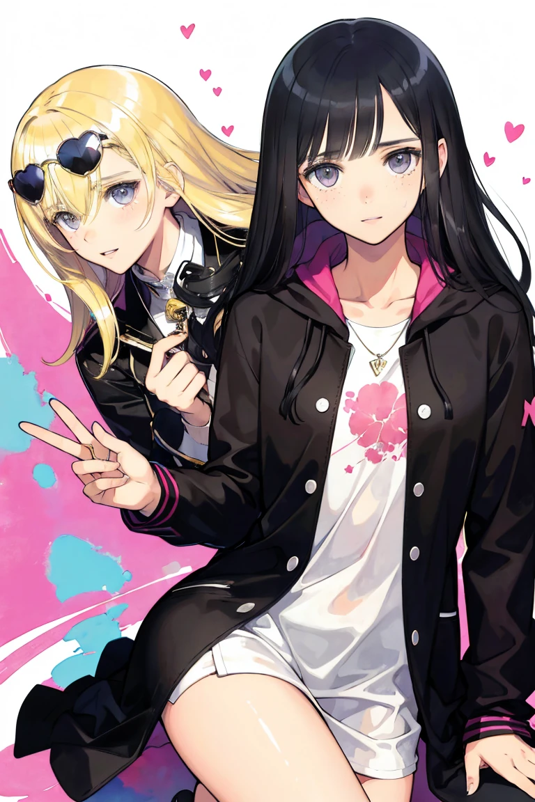 man and woman, couple, love, mature, a cat woman, she has freckles, she has dark brown eyes and an upturned nose, she is happy and smiling, she has long wavy hair, black hair, she is wearing aviator sunglasses with clear lenses in a soft watercolor style. The girl's clothes must be pink, purple, and blue in celebration of the bisexual, with stains of ink and watercolor mixing and filling the scene. he has blonde hair, he is handsome, he is slim. There should be a subtle, nuanced change in colors using the impasto technique with gouache paint. There should be a light rain in the watercolor painting with a little watercolor paper texture and a pastel background.