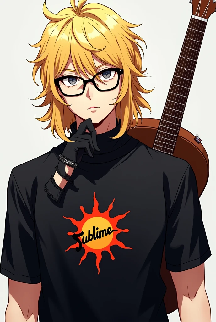 A man with gloves and a black shirt and a logo of a sun that says sublime and medium-length, short, big blonde hair and black glasses and a brown guitar on his back and anime