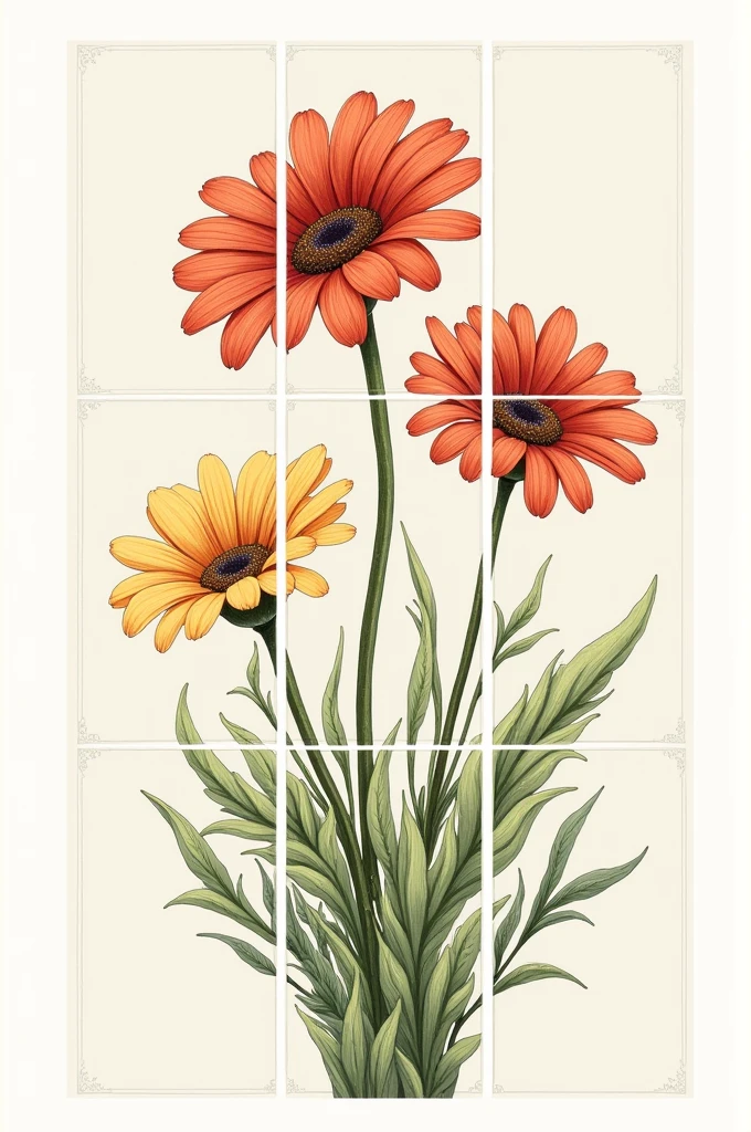 Create an image of 3 drawn gerberas that is divided into four images 