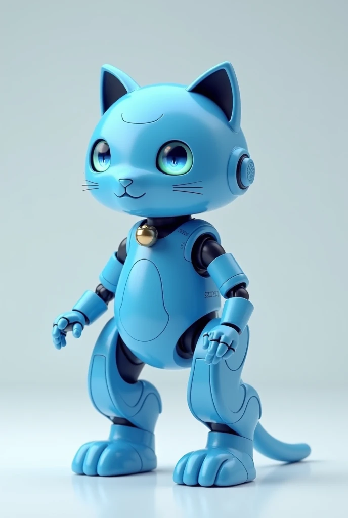 Draw a blue cat robot, make it bipedal, walk on two legs, and put a bell on its collar.