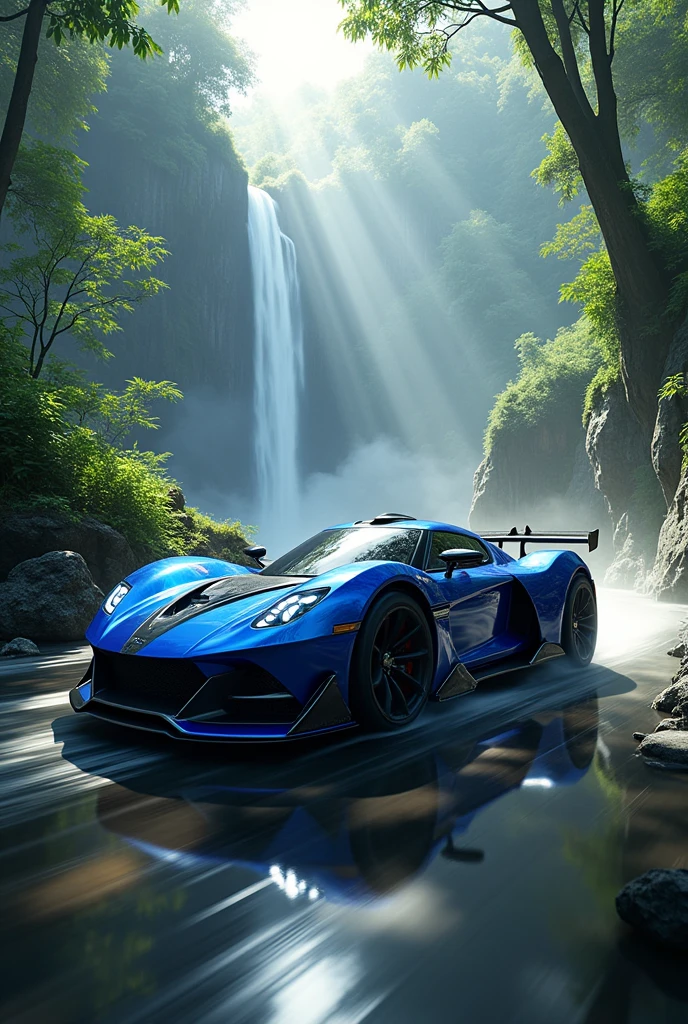 A blue super bike and super car jungle with water fall