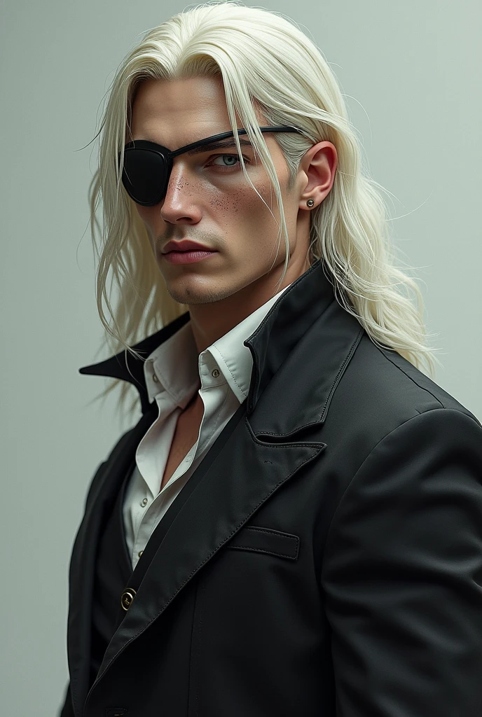 white male, long straight hair and platinum blonde, straight nose defined jaw, defined body, cupid mouth and reddish, gray blue eye, with a scar and an eye patch over his right eye 