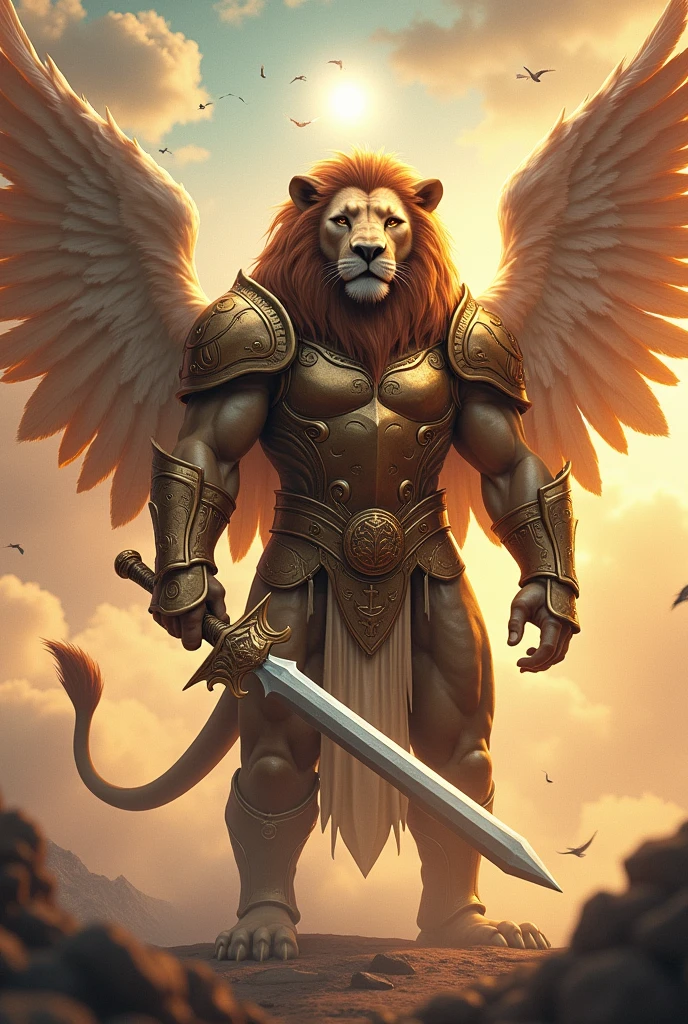 a giant lion, warrior, with angel wings