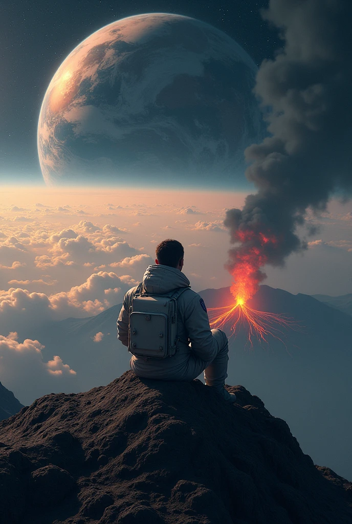 A man sitting in the edge of the Earth in the outer space with some volcanic eruption