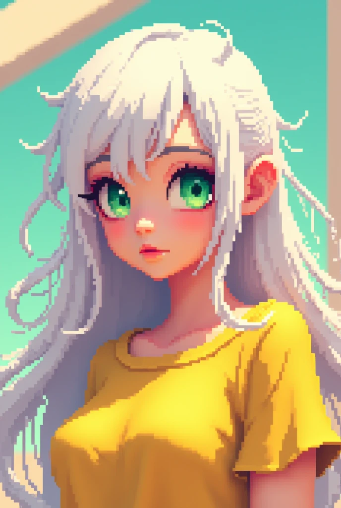 3D pixel, Very long white hair, greeneyes, and a yellow blouse